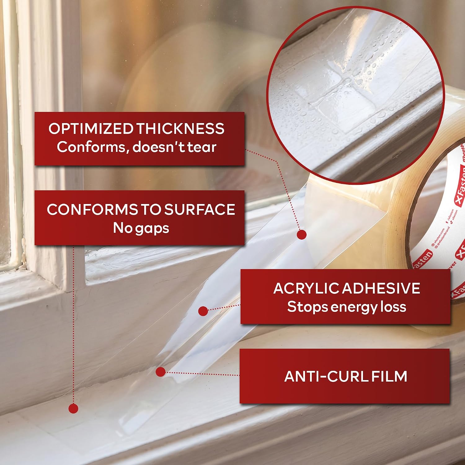 XFasten Transparent Window Weather Sealing Tape, 2-Inch x 30 Yards (50.8mm x 27.43m), Clear Window Draft Isolation Sealing Film Tape, No Residue