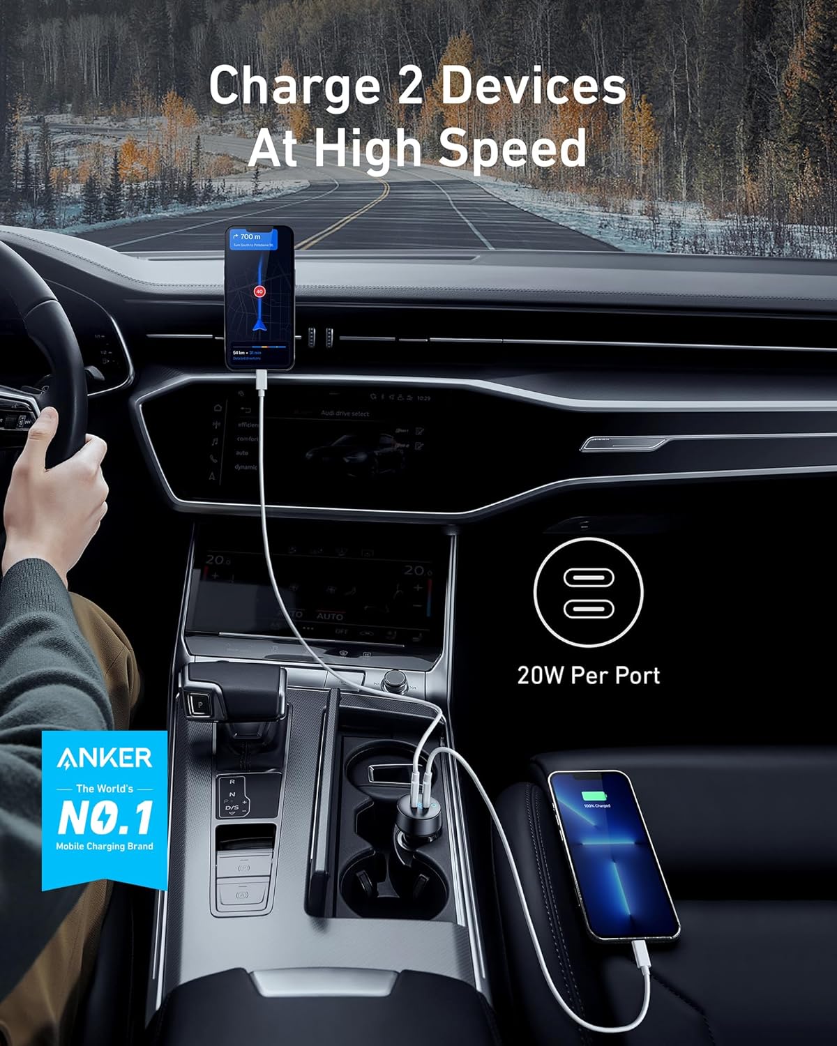 Anker 40W 2-Port PowerIQ 3.0 USB C Fast Charging Car Charger