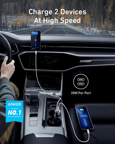 Anker 40W 2-Port PowerIQ 3.0 USB C Fast Charging Car Charger