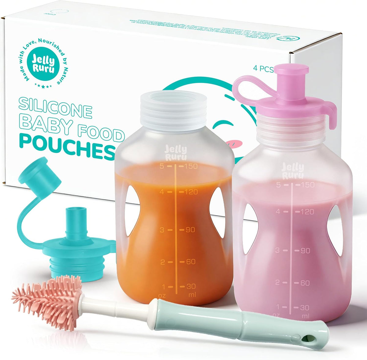 Jelly Ruru Silicone Reusable Baby Food Pouches, 5oz Squeeze Pouch, 2 Pack