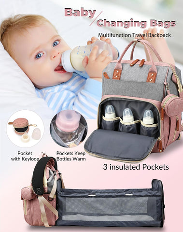 Diaper Bag with Changing Station, Waterproof 3 in 1 Diaper Backpack with Foldable Changing Pad, Large Travel Backpack for Mom & Dad, Baby Gift for Baby Girl & Boy, Pink-Grey