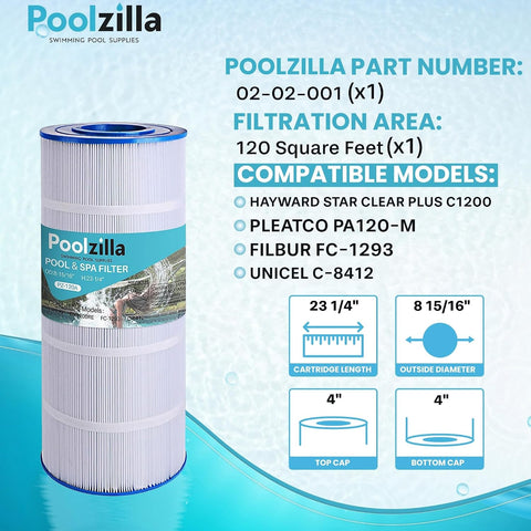 Poolzilla Replacement for Pool Filter PA120, CX1200RE, C1200, Unicel C-8412, Filbur FC-1293, Waterway Clearwater II, Pro Clean 125, 817-0125N, Aladdin 22002, 120 sq.ft Filter Cartridge 1 Pack