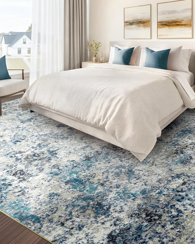Washable Area Rug for Living Room: 9x12 Modern Abstract Neutral Soft Rug for Bedroom Dining Room No Slip Low Pile Carpet for Nursery Home Office - Grey/Blue