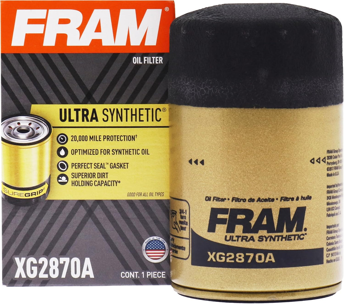 FRAM Ultra Synthetic Automotive Replacement Oil Filter, Designed for Synthetic Oil Changes Lasting up to 20k Miles, XG2870A with SureGrip (Pack of 1)
