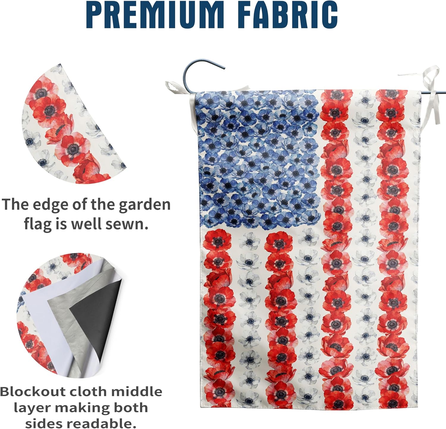 Patriotic Flower American House Flag 28 x 40 Double Sided Spring Summer Garden Decor 4th of July Memorial Independence Day Decorations Red White Blue Poppy Yard Banner for Outside
