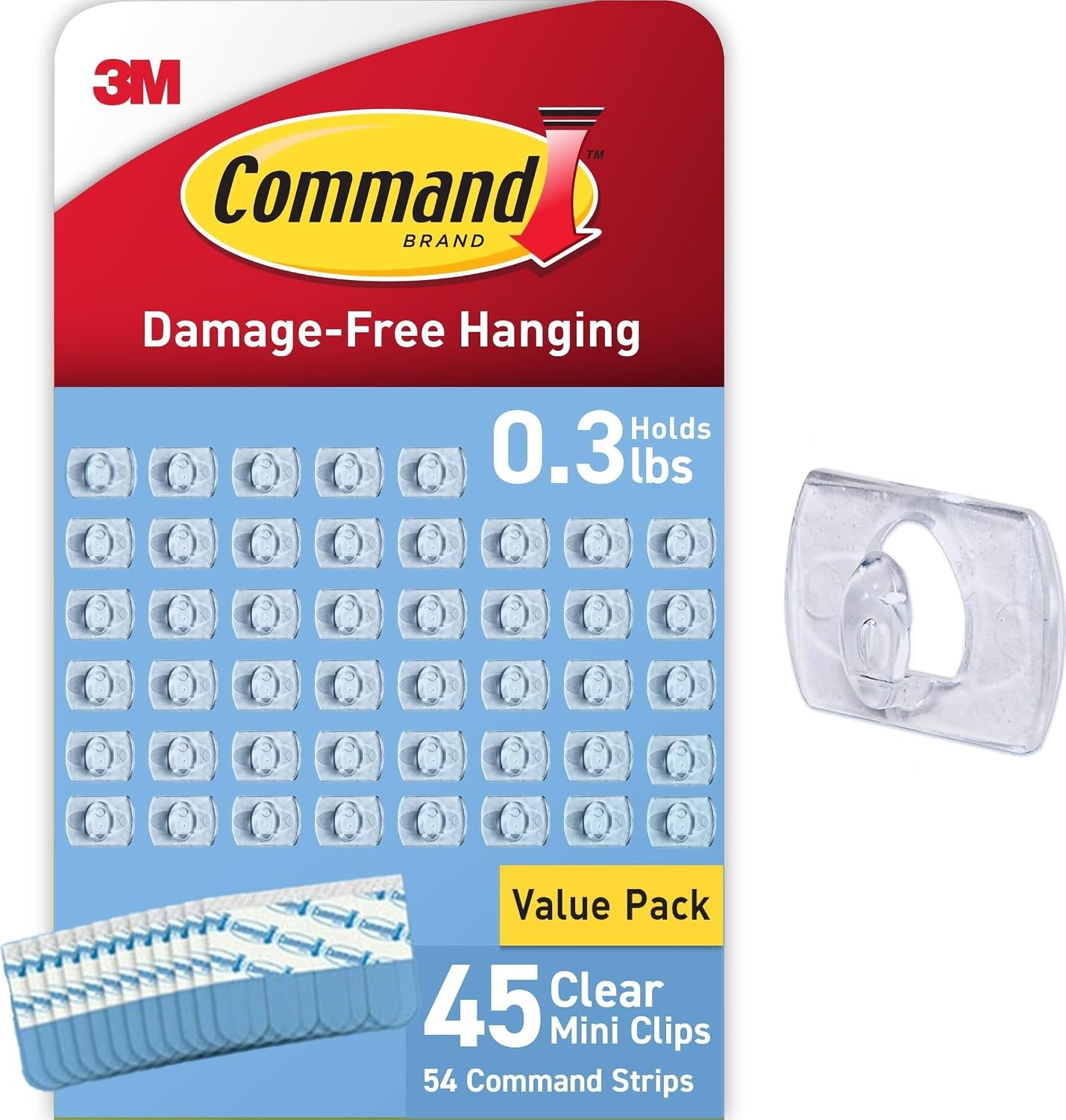 Command Clear Indoor Mini Light Clips Value Pack, 45 Clips, 54 Strips, Damage-Free String Light Hangers for Home, Room, Wall, Office, and Dorm Decor, Great for Cable Management, Holds up to 0.3 lb