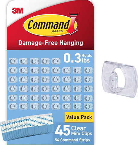 Command Clear Indoor Mini Light Clips Value Pack, 45 Clips, 54 Strips, Damage-Free String Light Hangers for Home, Room, Wall, Office, and Dorm Decor, Great for Cable Management, Holds up to 0.3 lb
