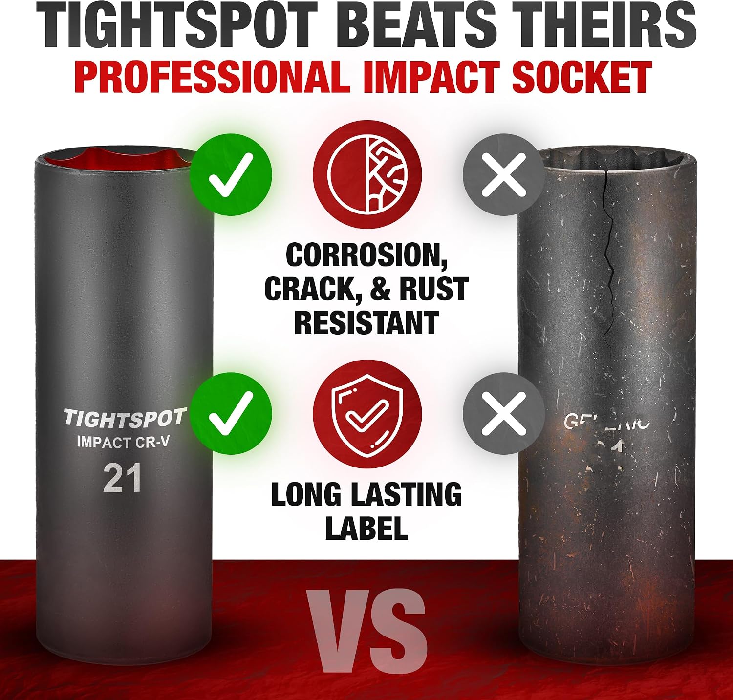 TIGHTSPOT 1/2 Inch Drive - 21 mm Deep Impact Socket with Anti-Rounding 6 Point Design, Heat-Treated CRV Steel, Metric
