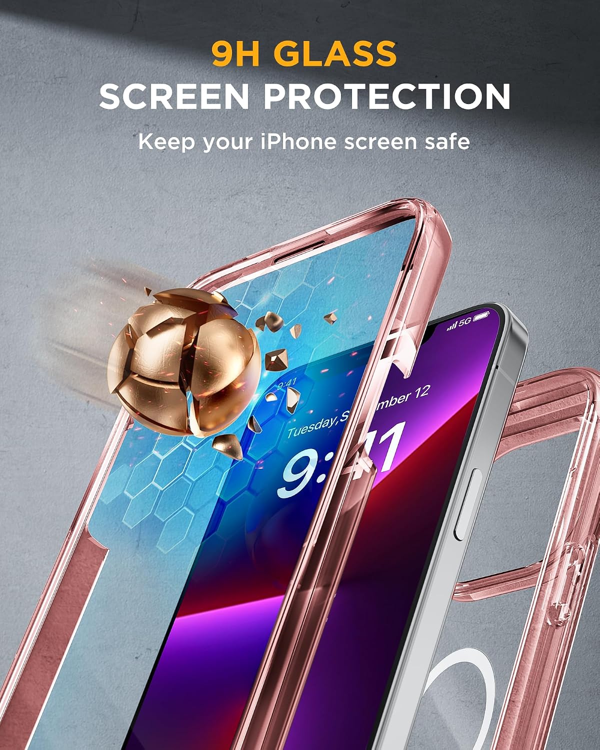 Miracase Magnetic for iPhone 13 Pro Max Case 6.7 inch, (Compatible with MagSafe) Upgrade Full-Body Clear Phone Bumper Case with Built-in 9H Tempered Glass Screen Protector, Magnetic Clear Pink