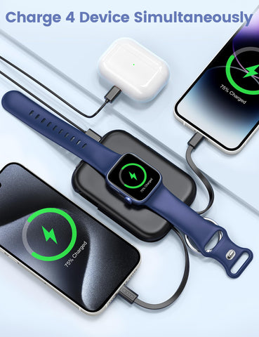 RORRY Portable Charger, 5000mAh Portable Charger Power Bank with Built-in Cables, Travel Keychain Battery Pack for Apple Watch Ultra 2/9/8/Ultra/7/6/SE/5, iPhone 16/15/14/13/12, Black