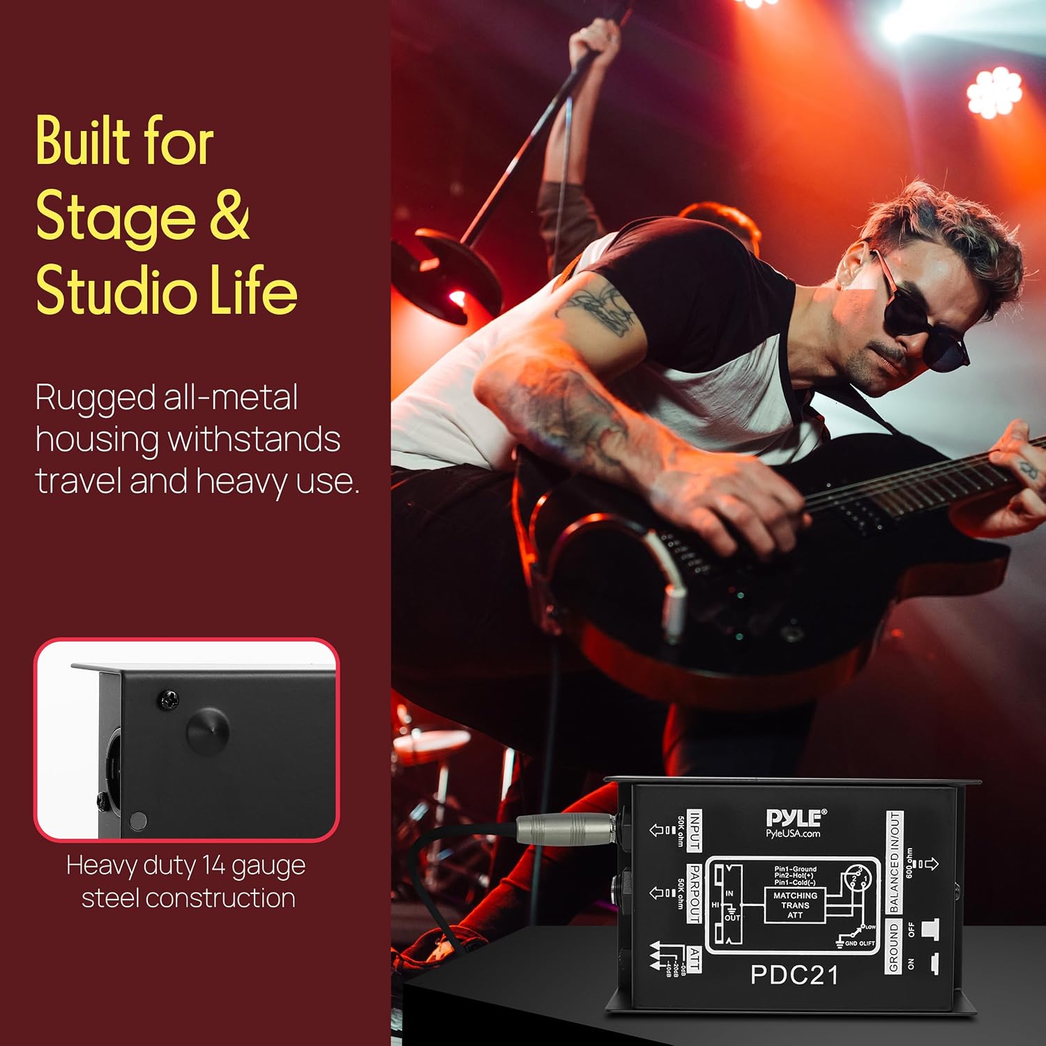 Pyle Premium Direct Injection Audio Box - 2.36" x 4.09" Passive DI Unit Hum Eliminator w/ Input Attenuator to Connect Guitar & Bass, 1/4'' Impedance Transformer Connector to Balanced & Unbalanced XLR