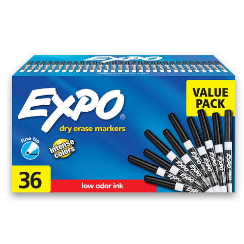 EXPO Fine Tip Dry Erase Markers, Low Odor, Black Ink, 36-Count Set, Ideal for Classroom, Office, and Home Use