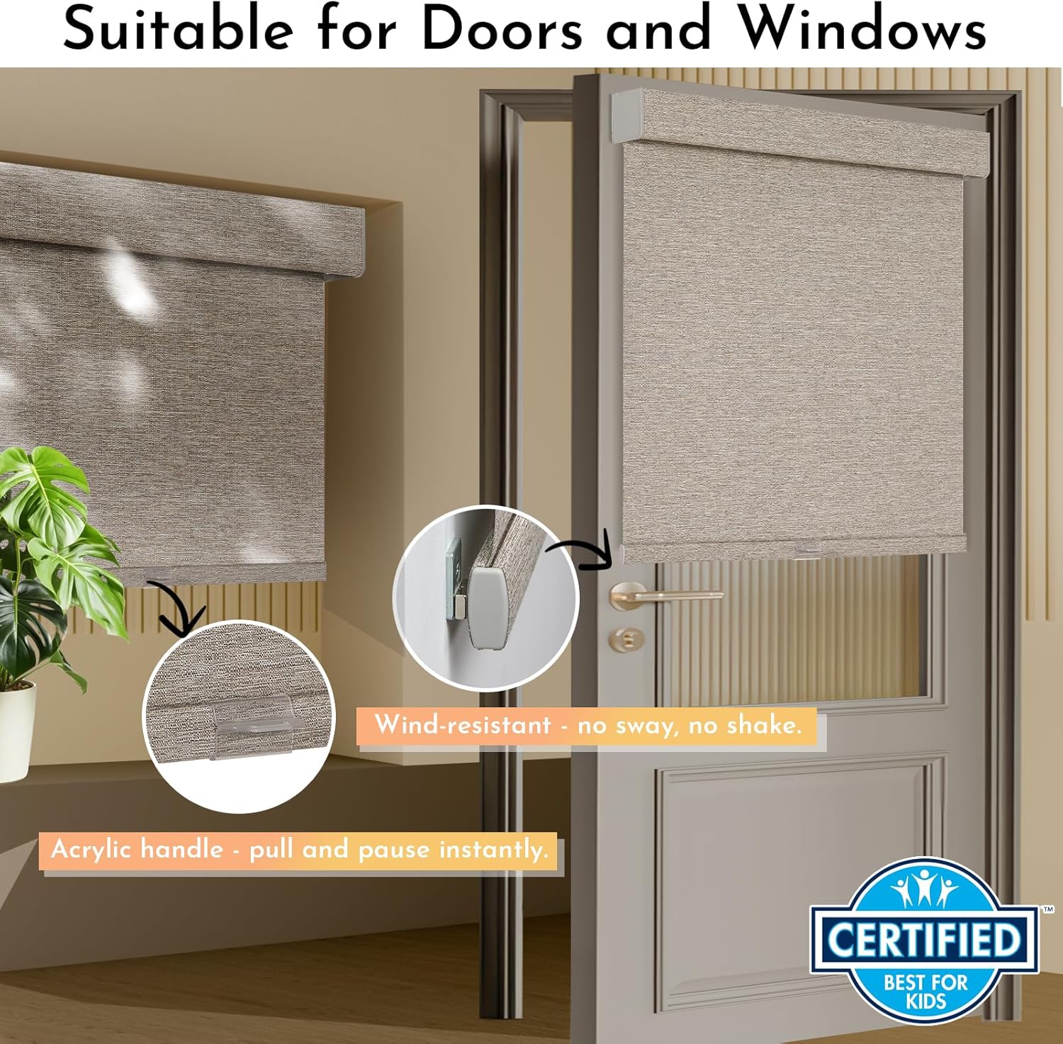 Persilux Blackout Roller Shades for Window Blinds,Cordless,Linen Fabric,Thermal Insulated Fabric UV Protection Shades for Home,Office,Bedroom,Door,Blackout-Light Brown,34 1/2" W X 72" H