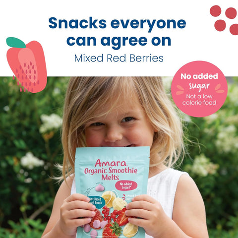 Amara Smoothie Melts - Mixed Red Berries - Baby Snacks Made With Fruits and Vegetables - Healthy Toddler Snacks For Your Kids Lunch Box - Organic Plant Based Yogurt Melts - 6 Resealable Bags