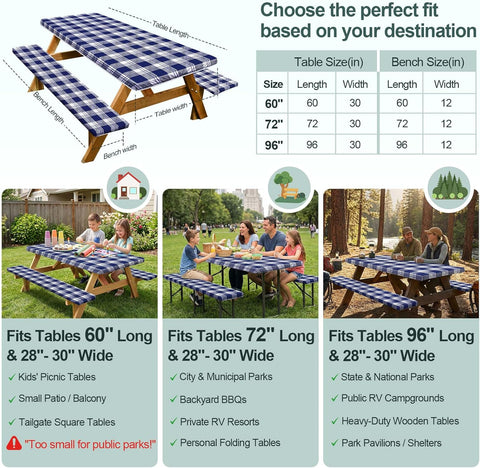 Picnic Table Cover with Bench Covers Camping Essentials Waterproof Windproof Camping Tablecloth with Drawstring Bag, Fitted Rectangle Tables and Seats, 72in, Blue Checkered