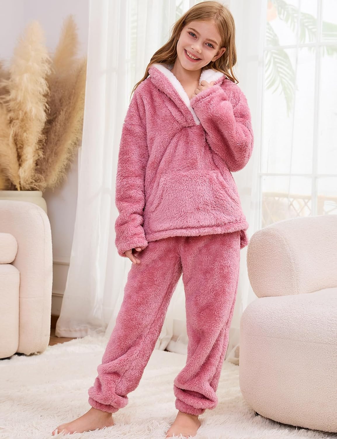 Flygo Girls Fuzzy Pants Set Fleece Outfits Winter Flannel Fluffy Pullover Sweatshirt Top Pants Sweatsuit