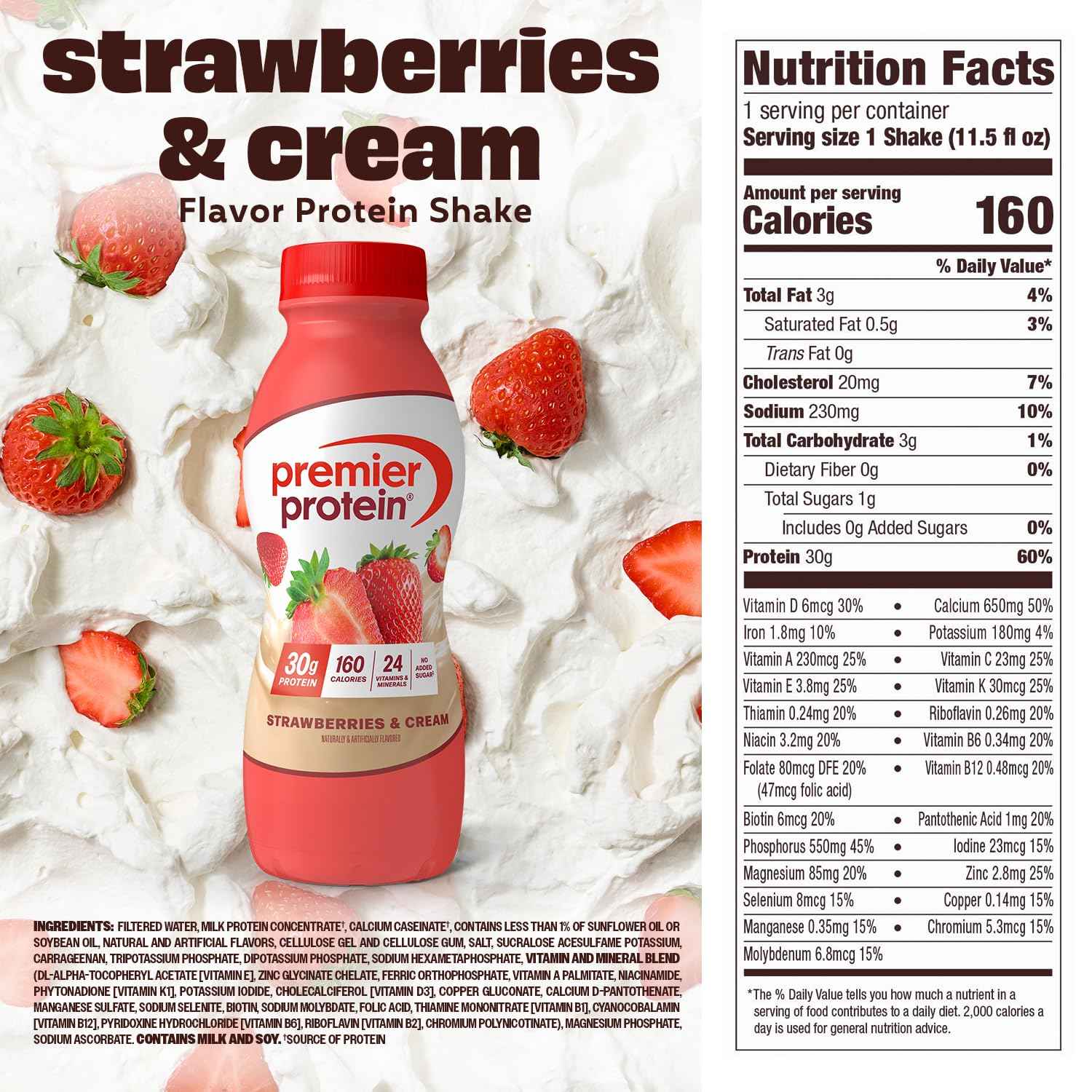 Premier Protein 30g High Protein Shake, Strawberries & Cream, 12 Pack