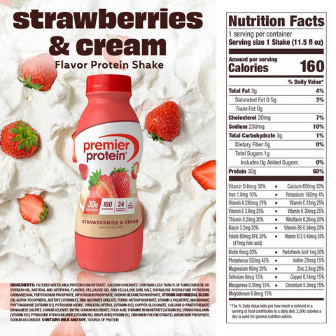 Premier Protein 30g High Protein Shake, Strawberries & Cream, 12 Pack
