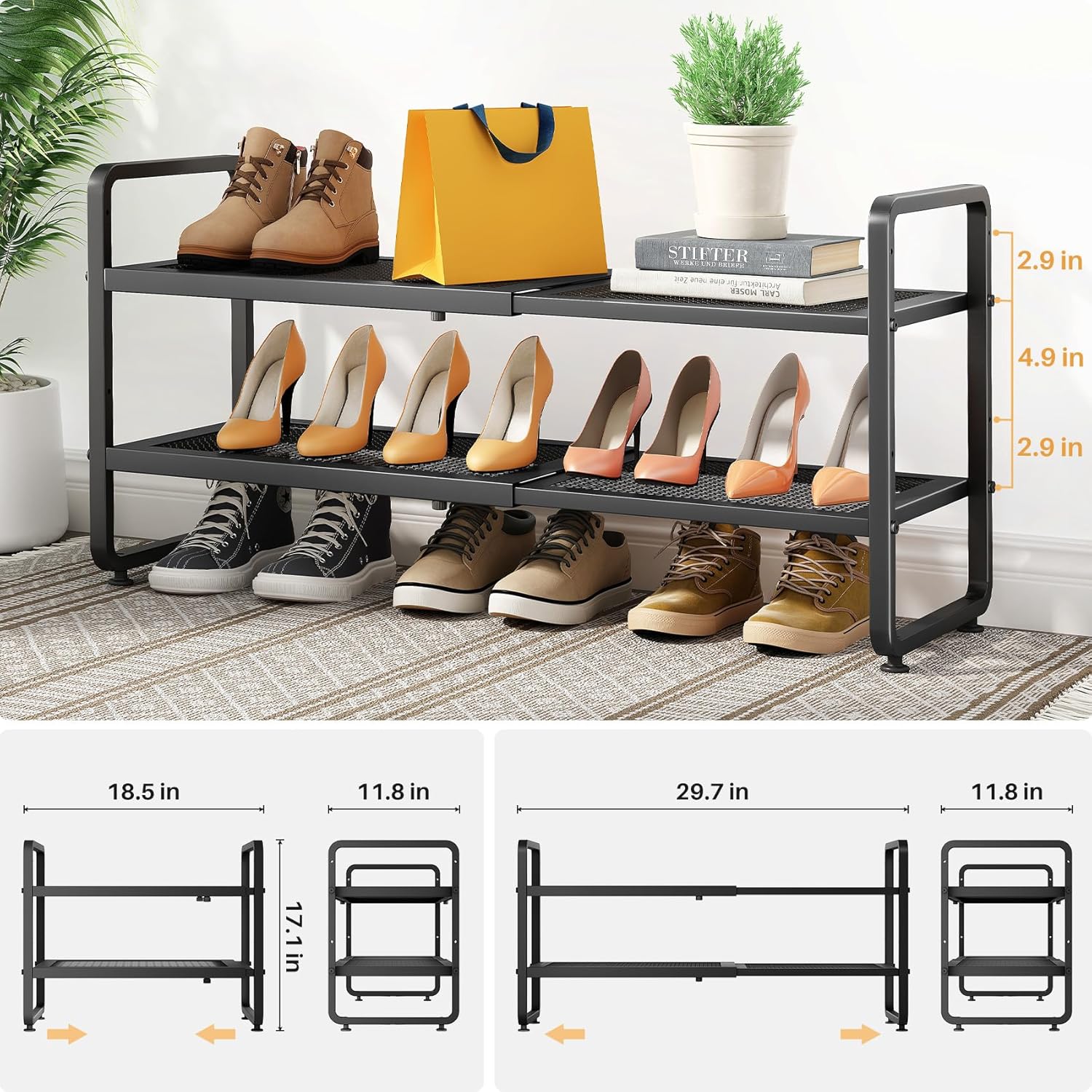 Expandable Metal Shoe Rack for Closet, Entryway & Garage, 2-Tier, Black