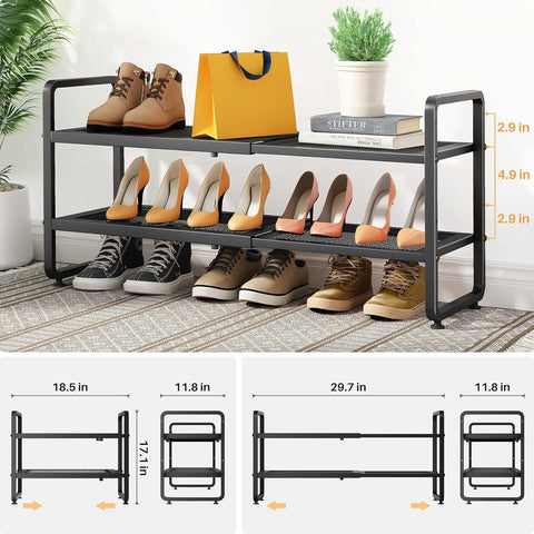 Expandable Metal Shoe Rack for Closet, Entryway & Garage, 2-Tier, Black