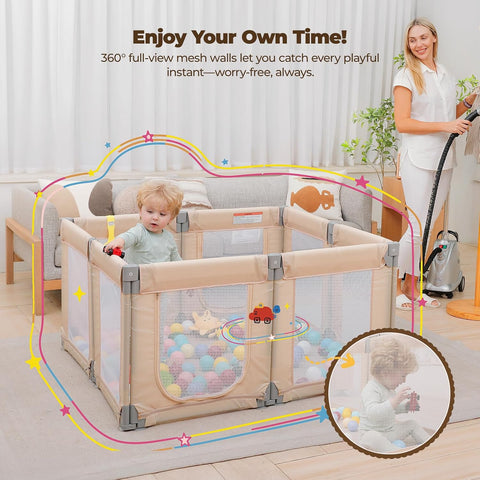 Kidirect Foldable Baby Playpen, 47"×49", Khaki
