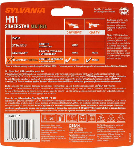 SYLVANIA H11 SilverStar Ultra Halogen Headlight Bulb, 2 Bulbs