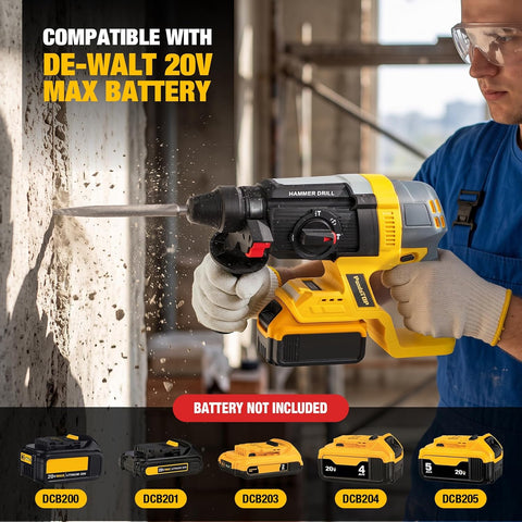 SDS Plus Cordless Rotary Hammer Drill for De-walt 20v Max Battery, Hammer Drill 20v Brushless for Concrete/Masonry/Wood/Metal, Rotomartillo, 4 Functions, 5 Drills with Gloves (Battery Not Included)
