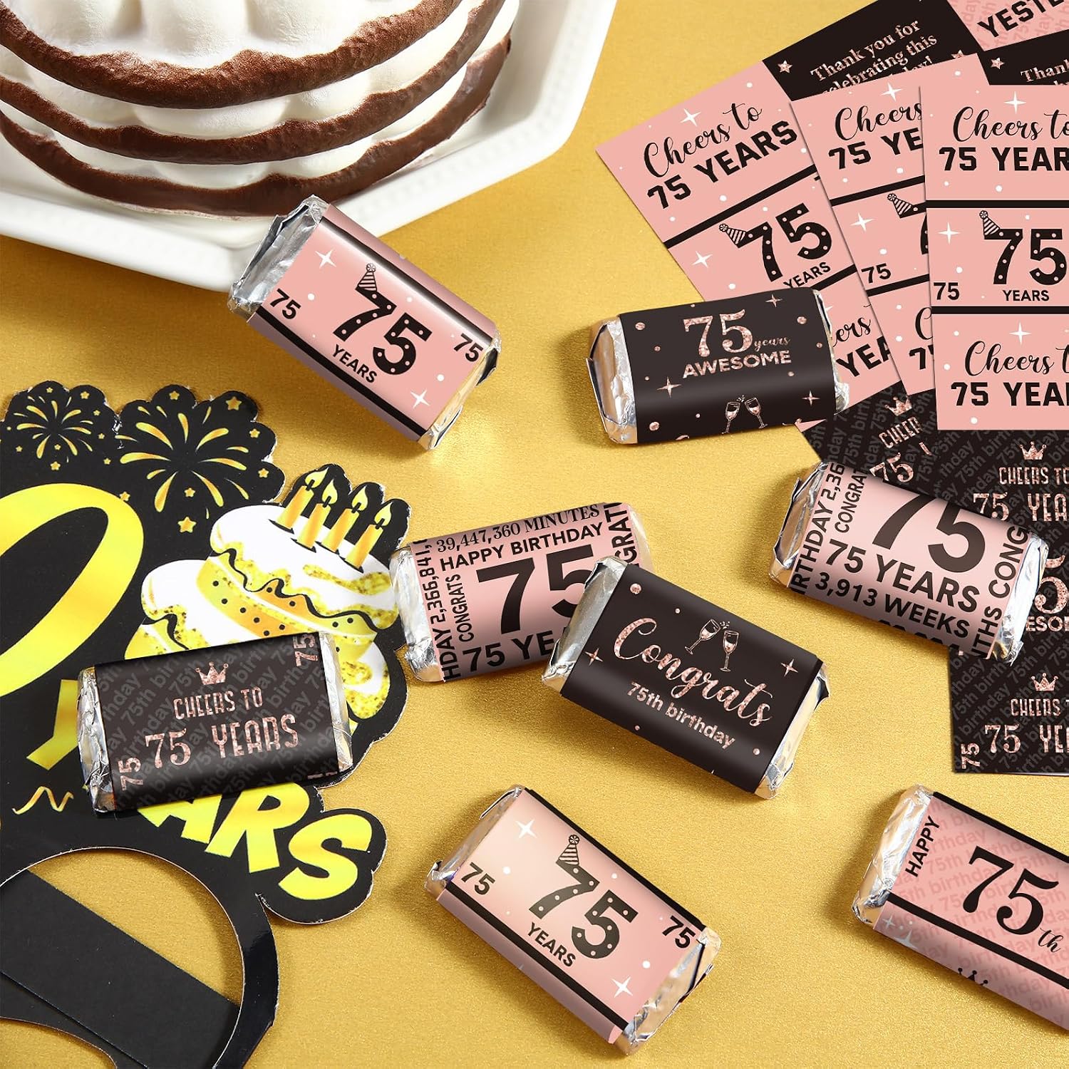 Tenare 90 Pcs 75th Birthday Candy Wrappers, Pink Stickers