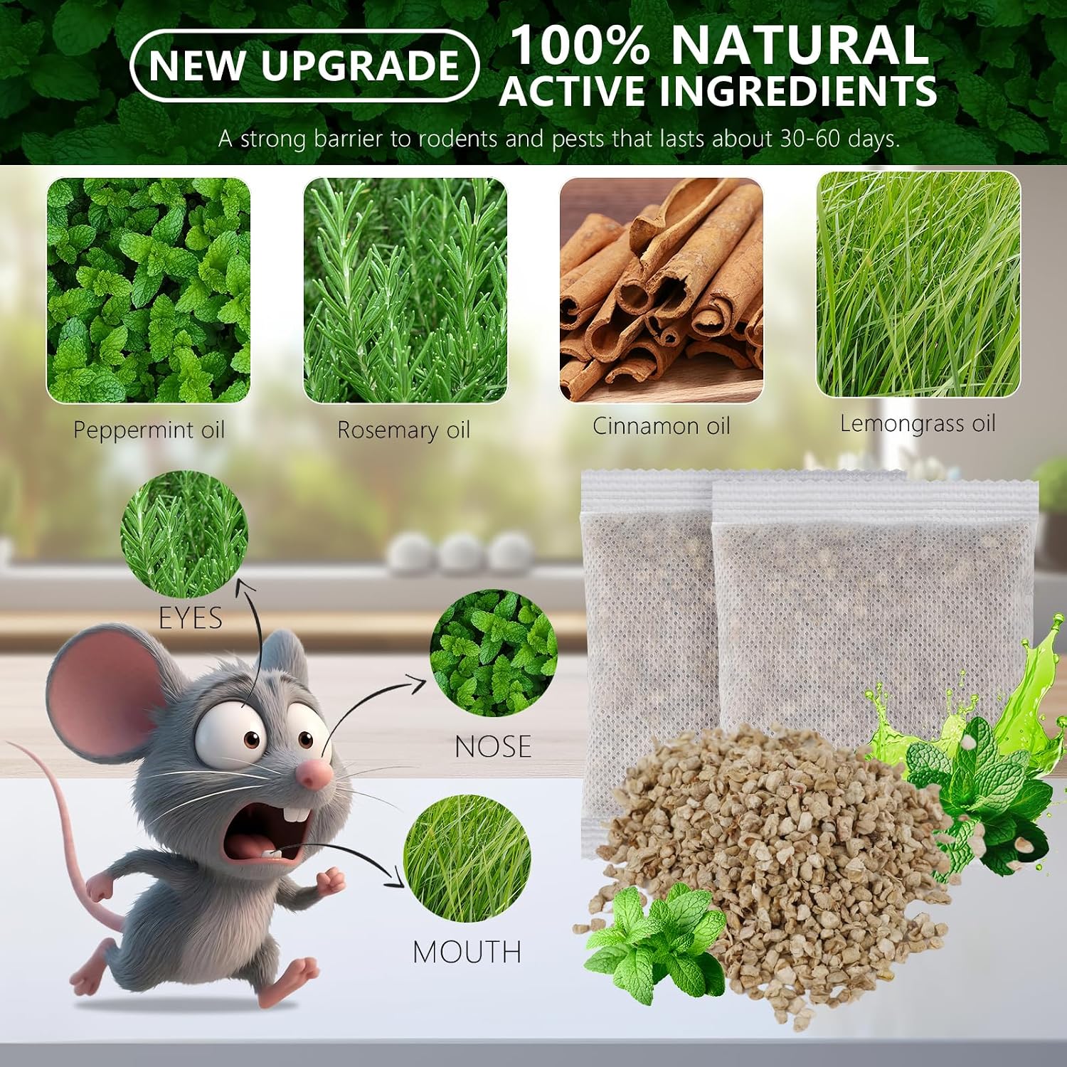 10 Pack Mouse Rodent Repellent, Peppermint Lemon Oil Mice Repellent for Squirrel Rats Spider Pests, Natural Deterrent for Kitchen, Warehouse, Car, Indoor, Outdoor, Safe for Pets Family
