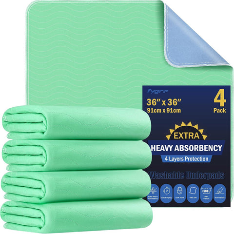 Fygrip 4 Pack 36” x 36” Extra Heavy Absorbency Washable Underpads Bed Pads
