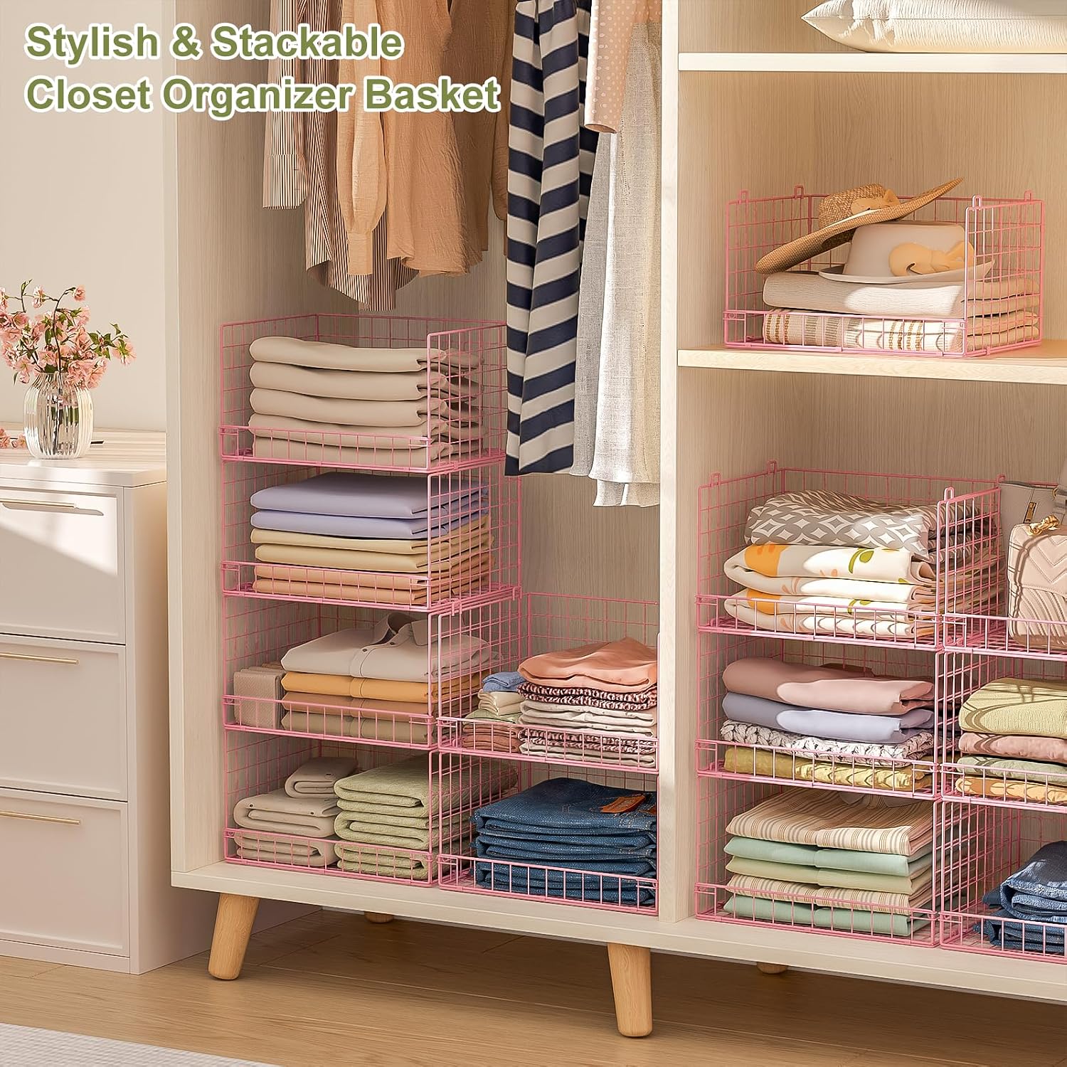 4-Tier Closet Organizers and Storage, Stackable Closet Organizer Basket, Foldable Closet Shelf Organizer Basket, Stackable Storage Bins and Organizer Shelves for Home Closet Organizer System, Pink