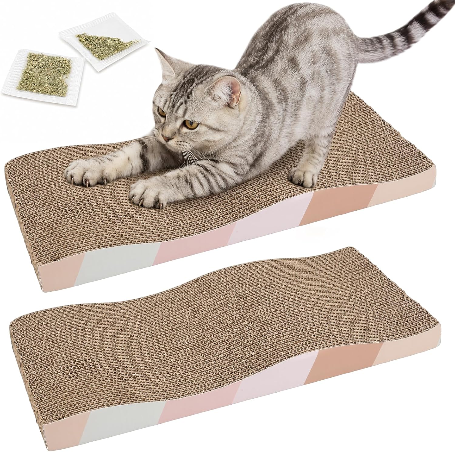 SIDAZON Cat Scratching Board cat Scratcher Cat Scratch Pad Cardboard cat scratchers for Indoor Cats Reversible Large Wide Corrugated with Catnip(2pcs)