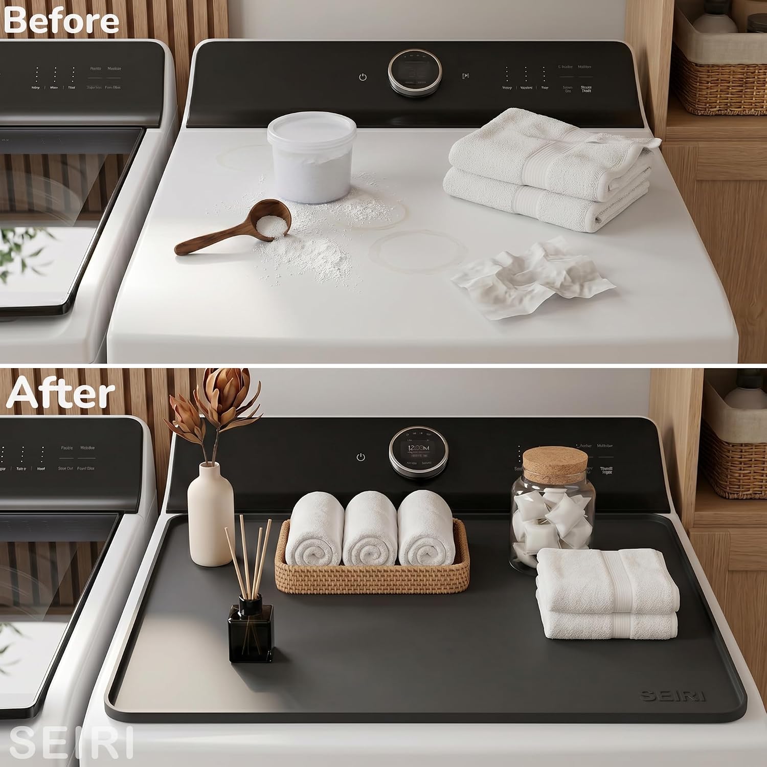 1 PACK SEIRI Washer and Dryer Topper, 26" x 18" Silicone Top Protector Mat for Slant Top Surface Cover and Top Load Washing Machine Laundry Room Non-Slip Waterproof Dryer Cover Medium (Dark Gray)