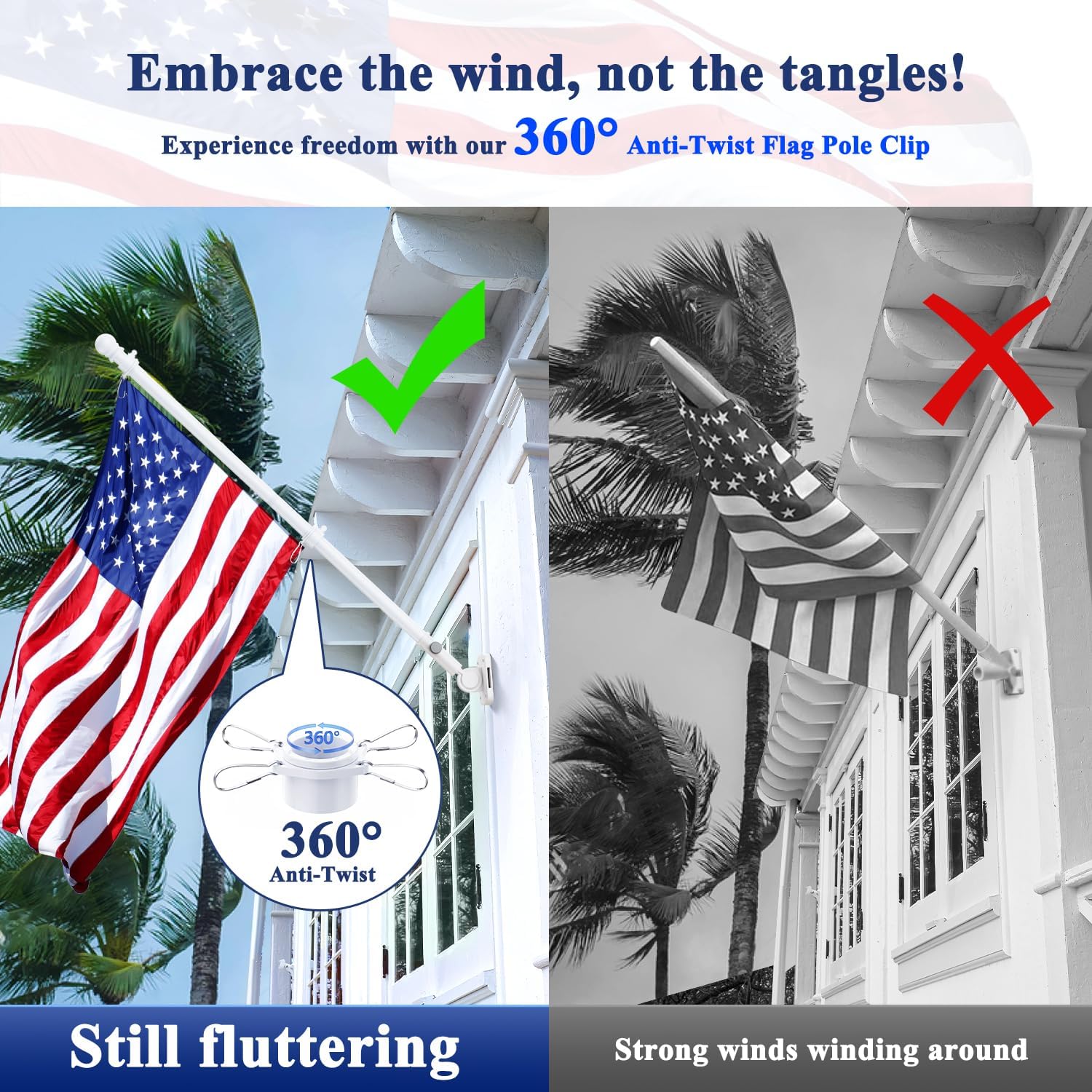 6 FT Flag Pole, Tangle Free Spinning Stainless Steel Weather Resistant Rustproof Flagpole for 3x5 USA Flag Sports Fan Outdoor Flags 1" Dia Flag Poles for Outside House, Wall-Mounted (White)