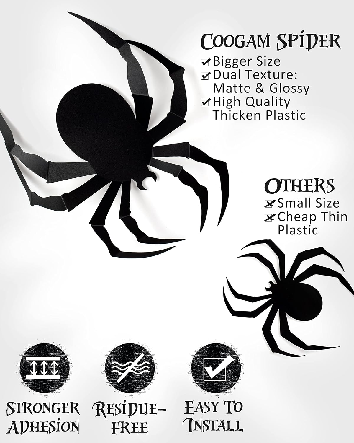 Coogam 60 PCS Halloween 3D Spiders Decoration, Scary Realistic Black Spider Sticker DIY Windows Wall Decal for Home Decor Bathroom Indoor Hallowmas Party Supplies