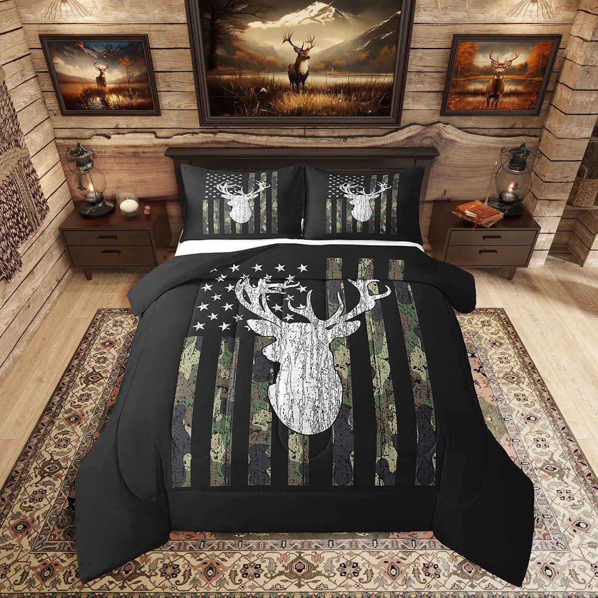 American Flag Comforter Set,Deer Hunting Down Comforter Army Green Military Camo Bedding Set Full For Boys Teens Kids Man,Western Farmhouse Stars Stripes Bedding Quilt Set Bedroom Decor 3 Pcs