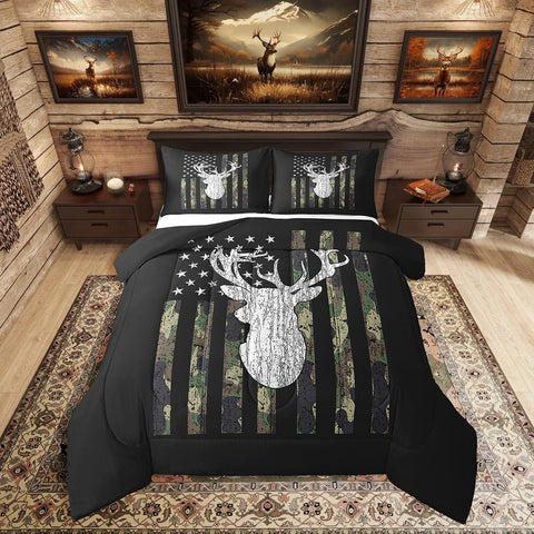 American Flag Comforter Set,Deer Hunting Down Comforter Army Green Military Camo Bedding Set Full For Boys Teens Kids Man,Western Farmhouse Stars Stripes Bedding Quilt Set Bedroom Decor 3 Pcs