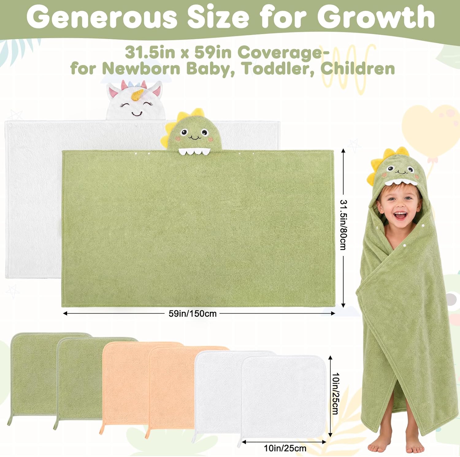 8 PCS Toddler Towels Set for Boy Girl 0-5 Year Essentials (Green & White)