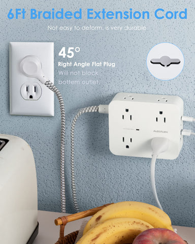 6Ft Surge Protector Power Strip with USB C, Extension Cord with 8 Wide Outlets(2.2 IN) and 4 USB Ports(2 USB C), Flat Plug, Wall Mount, 3 Side Outlet Extender for Home Dorm Room Essentials, ETL Listed