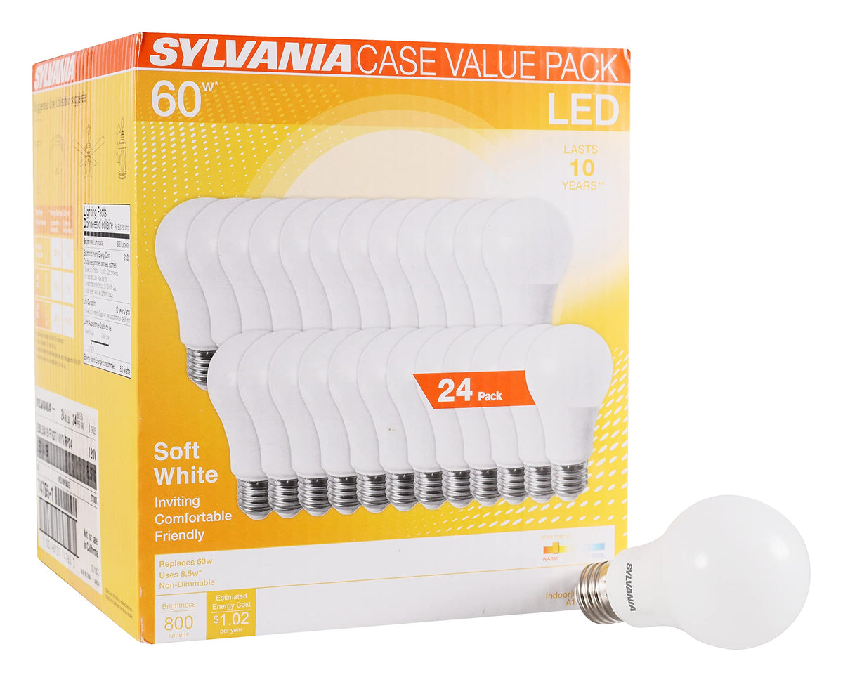 SYLVANIA LED A19 Light Bulb, 60W Equivalent, Efficient 8.5W, 10 Year, 2700K, 800 Lumens, Frosted, Soft White - 24 Pack (74765), Packaging may vary.