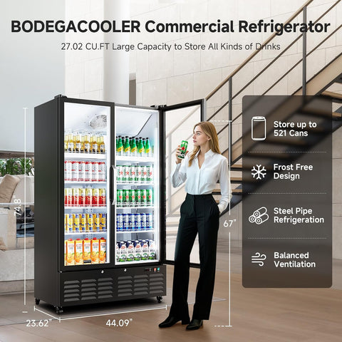 BODEGACOOLER Commercial Refrigerator, 27.02Cu.Ft Glass Door Beverage Cooler
