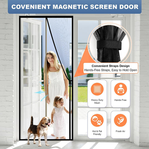 METAONLY Magnetic Screen Door Mesh, Works for Patio, Sliding Door, Keeps Bug Mosquito Out, Fresh Air Flow, Fits 36" x 80" Door - Curtain Size 38" x 82", Black with Stay-Open Straps