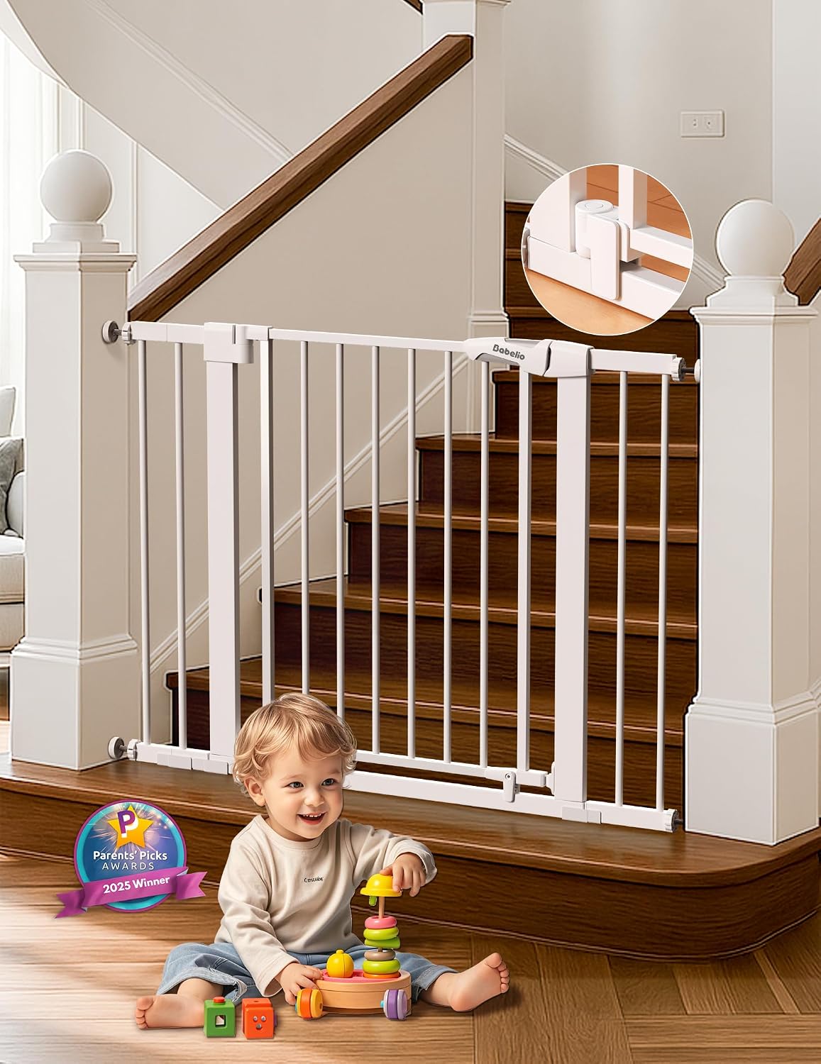 Babelio 29-43" Magnetic Baby Gate for Stairs,Doorways House,Kitchen,30" Tall Pet Door with Baffles,Pressure Mounted & Dual-Lock Design Safety for Kids Toddler,Auto-Close/Hold-Open,White