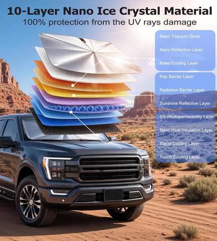 DMJN Umbrella Windshield Sun Shade for GMC Sierra 1500 2500 3500 (2014-2026), Car Sunshade for Front Windshield [Nano Ice-Crystal Coatings] UPF50+ Heat & UV Block, Protect Interior & Keep Cooler
