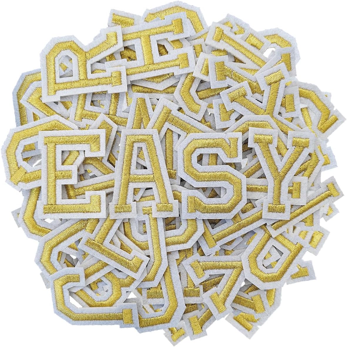Iron on Letter 104Pcs Alphabet A to Z Patches with Ironed Adhesive, Decorate Repair Patches for Jackets Shirts Hats Bags Jeans/Gold