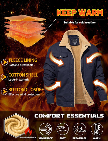 MAGNIVIT Men's Cotton Cargo Jacket Winter Sherpa Fleece Lined Work Jacket Coats with 5 Pockets