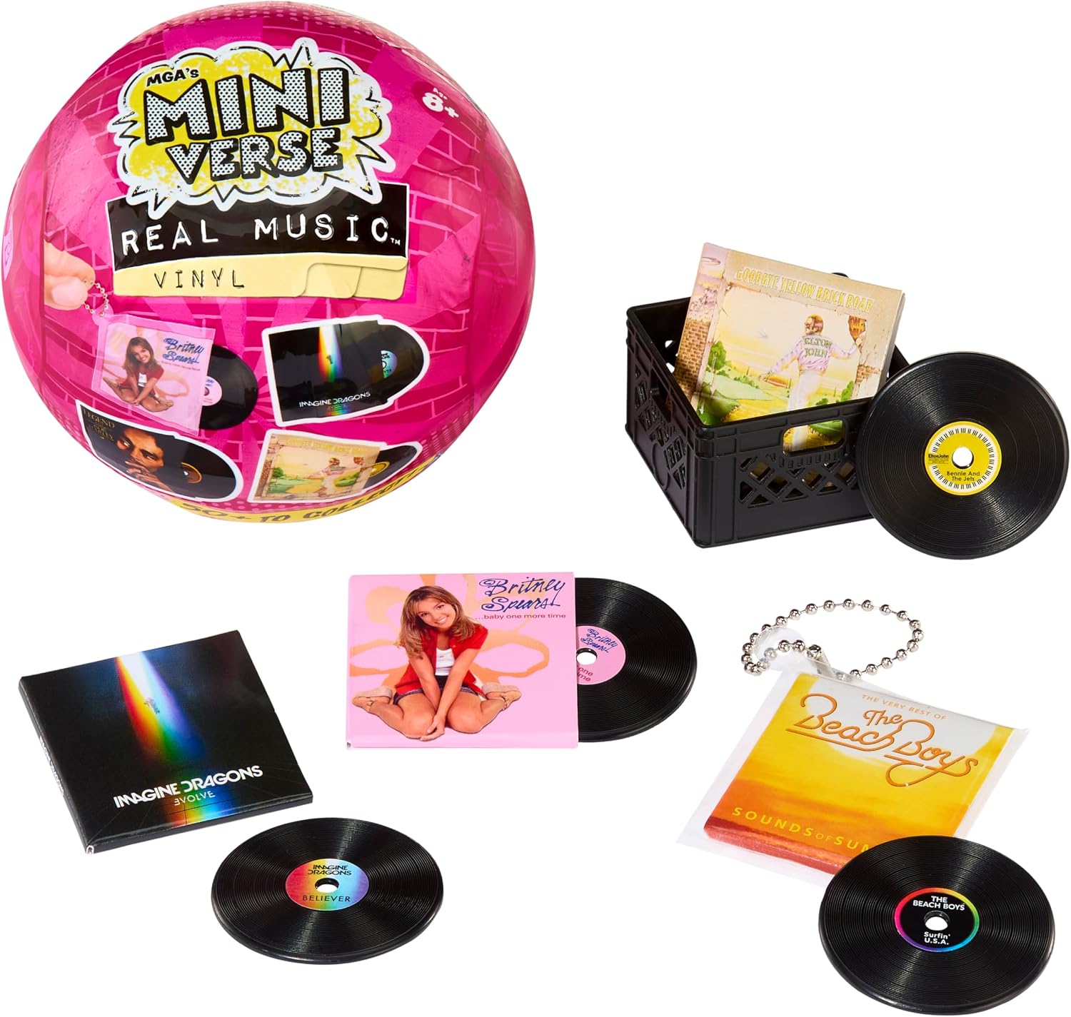 MGA's Miniverse Real Music Vinyl Mystery Blind Packaging, Mini Playable Records, 4 Vinyl Records per Pack, Sleeve & Keychain, Collectors, Gift, Britney Spears, Elton John, TLC