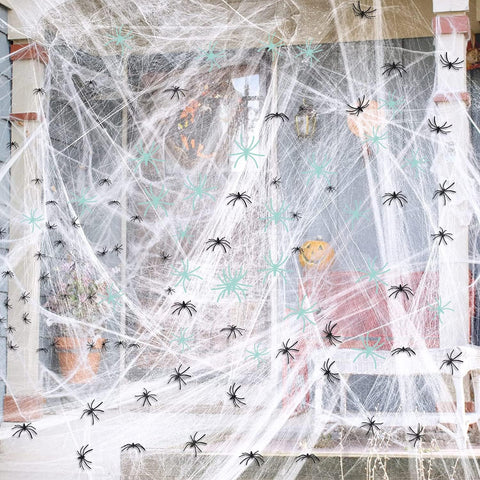 1200 Sqft Halloween Spider Web Decorations, Bonus with 50+50 Fake Spiders, Super Stretch Cobwebs for Halloween Indoor and Outdoor Party Supplies (1200 Sqft Web+100 Spider)
