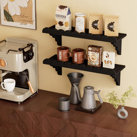 QsQueen Scalloped Wood Wall Shelf – 17 Inch Floating Shelf with Wood Brackets, Easy to Install Rustic Wall Shelf for Living Room, Bedroom, Bathroom, or Any Space, Black Shelves