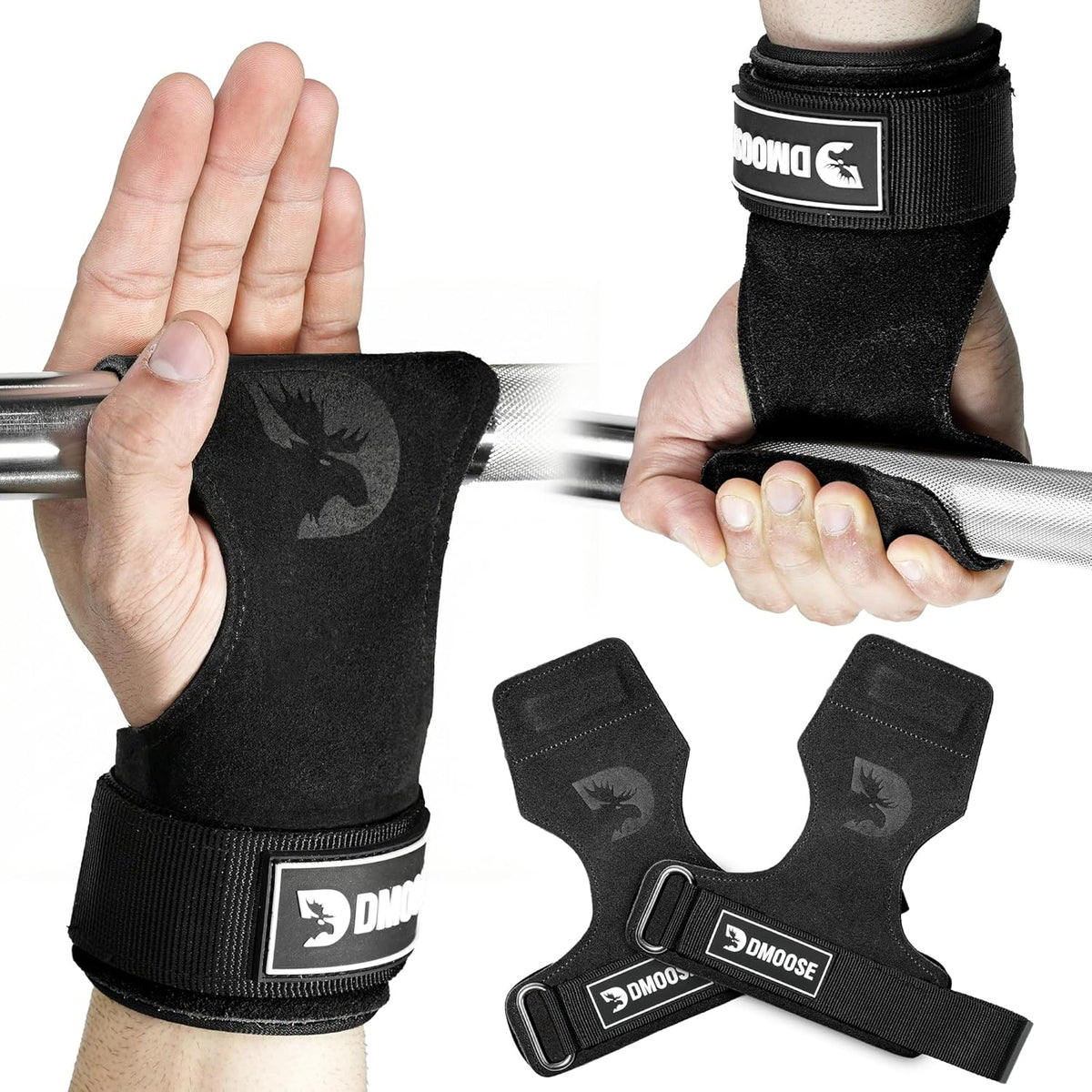 DMoose Fitness Weight Lifting Hooks (Pair) for Deadlifts, Pull Ups, Rows & Shrugs - Anti-Rip Nylon Strap Hand Grips with Thick Wrist Padding - Heavy Duty Wrist Straps for Weightlifting & Gym Workouts
